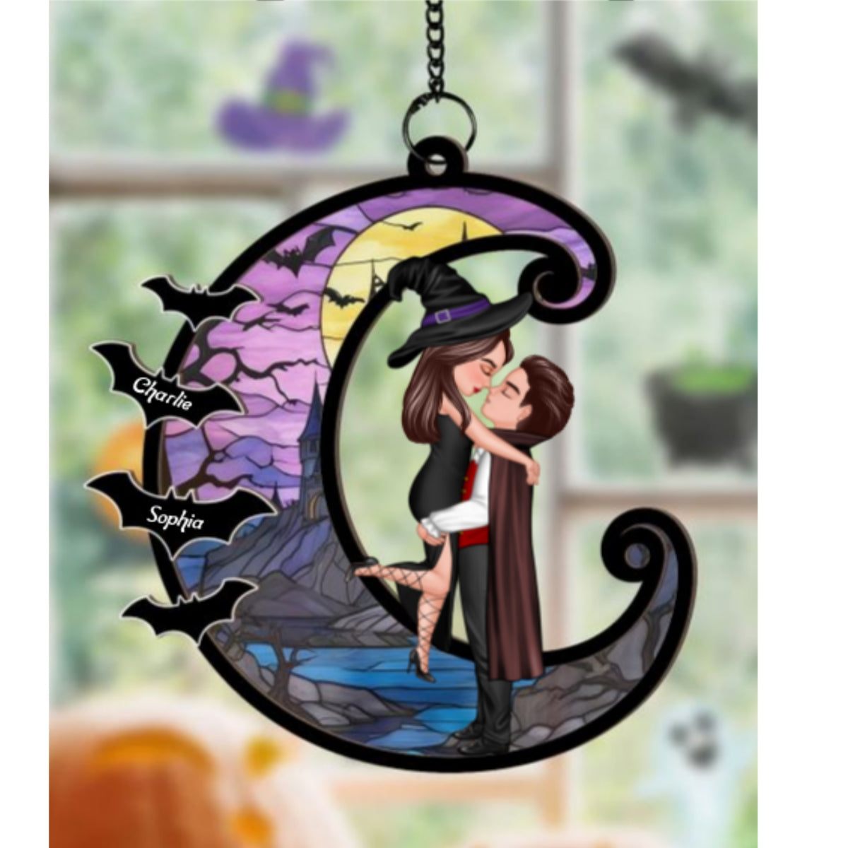 Halloween Couple Hugging Kissing On Moon Personalized Suncatcher, Halloween Decor