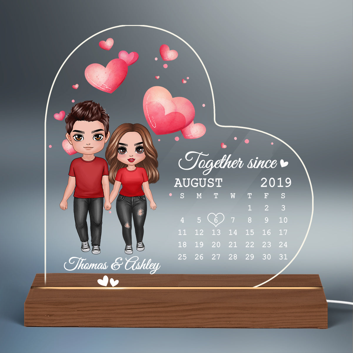 Doll Couple Standing Anniversary Date Calendar Personalized Heart Shaped Acrylic Plaque With LED Night Light - Anniversary Gift For Couple - Gift For Him, Gift For Her