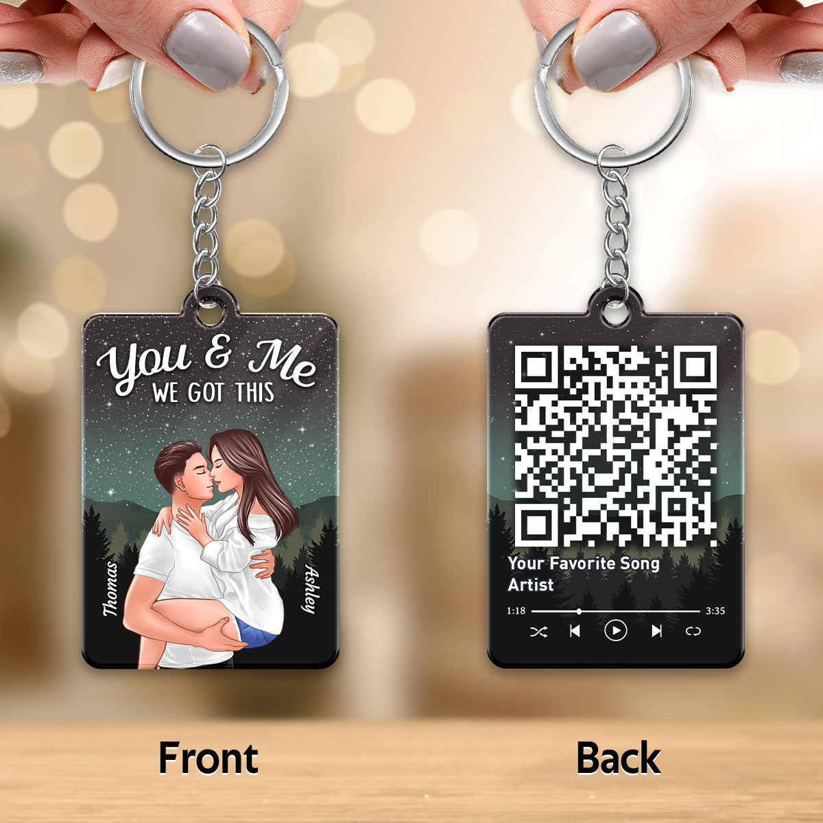 Man Holding Woman Kissing Under Stars Sky Forest Favorite Song QR Code Personalized Acrylic Keychain