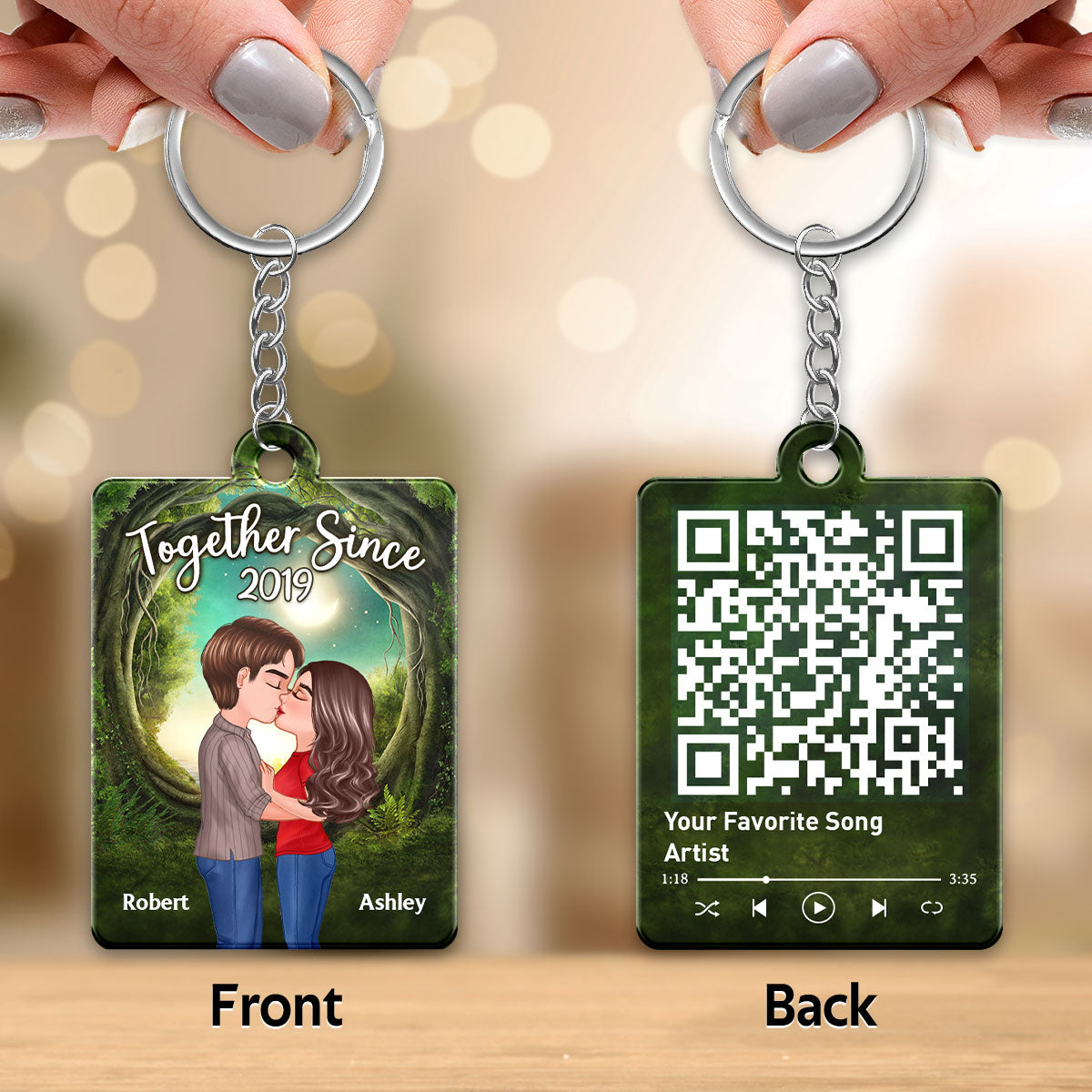 Doll Couple Kissing Green Tree Arch Favorite Song QR Code Personalized Acrylic Keychain