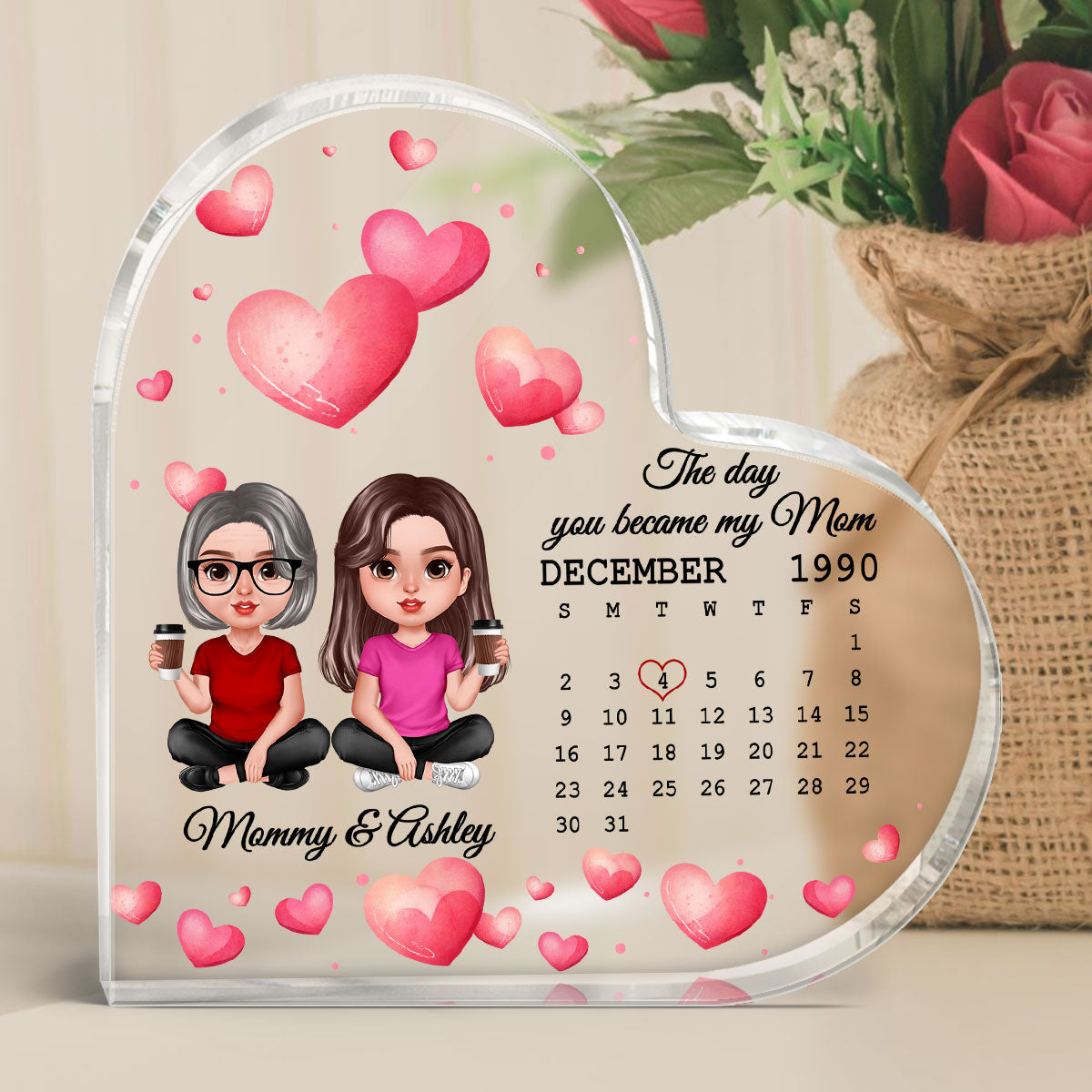 Realistic Doll Mother Daughter Personalized Acrylic Heart Plaque - Gift For Mom