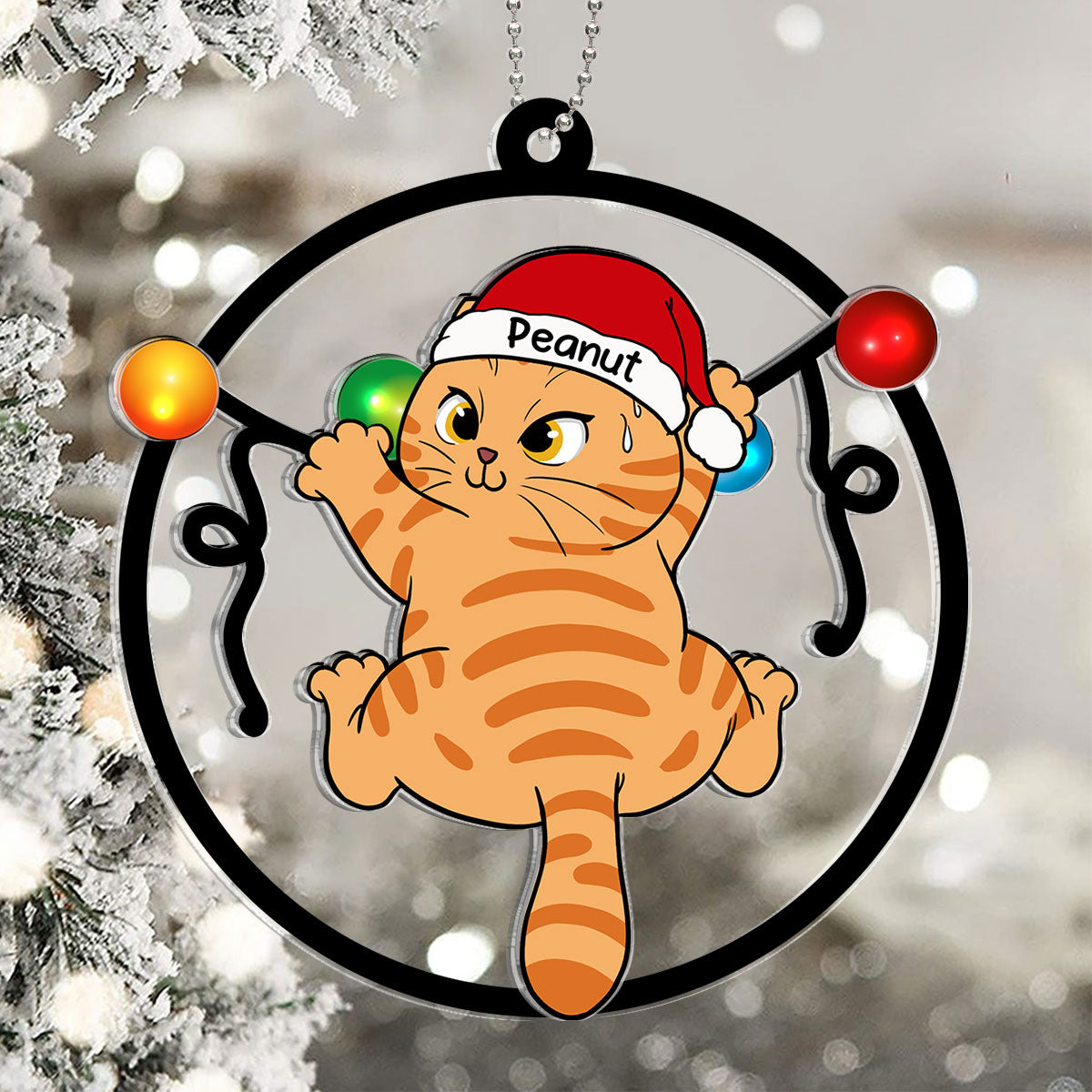 Cat Swinging Christmas Lights Personalized 2-Layer Acrylic Ornament, Christmas Decoration