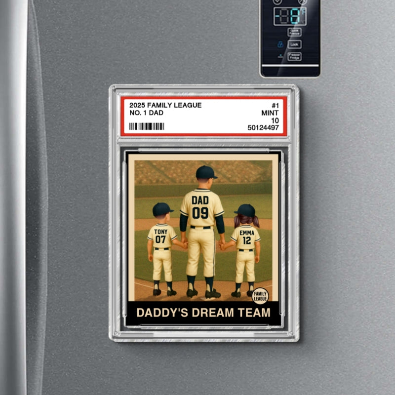 Baseball No. 1 Dad Man & Kids Trading Card Style Personalized Acrylic Fridge Magnet