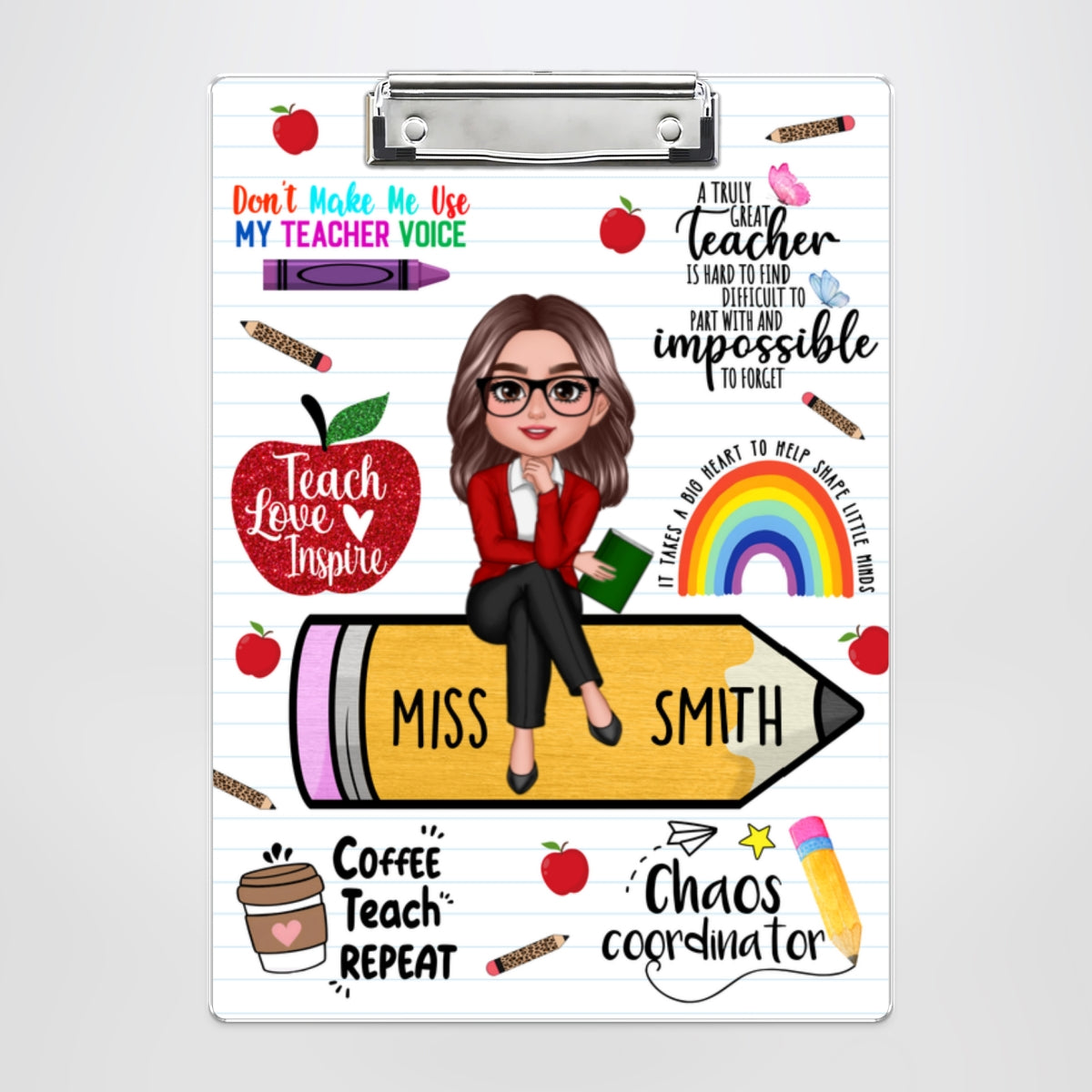 Teacher Sitting On Pencil Personalized Clipboard, Appreciation Gift
