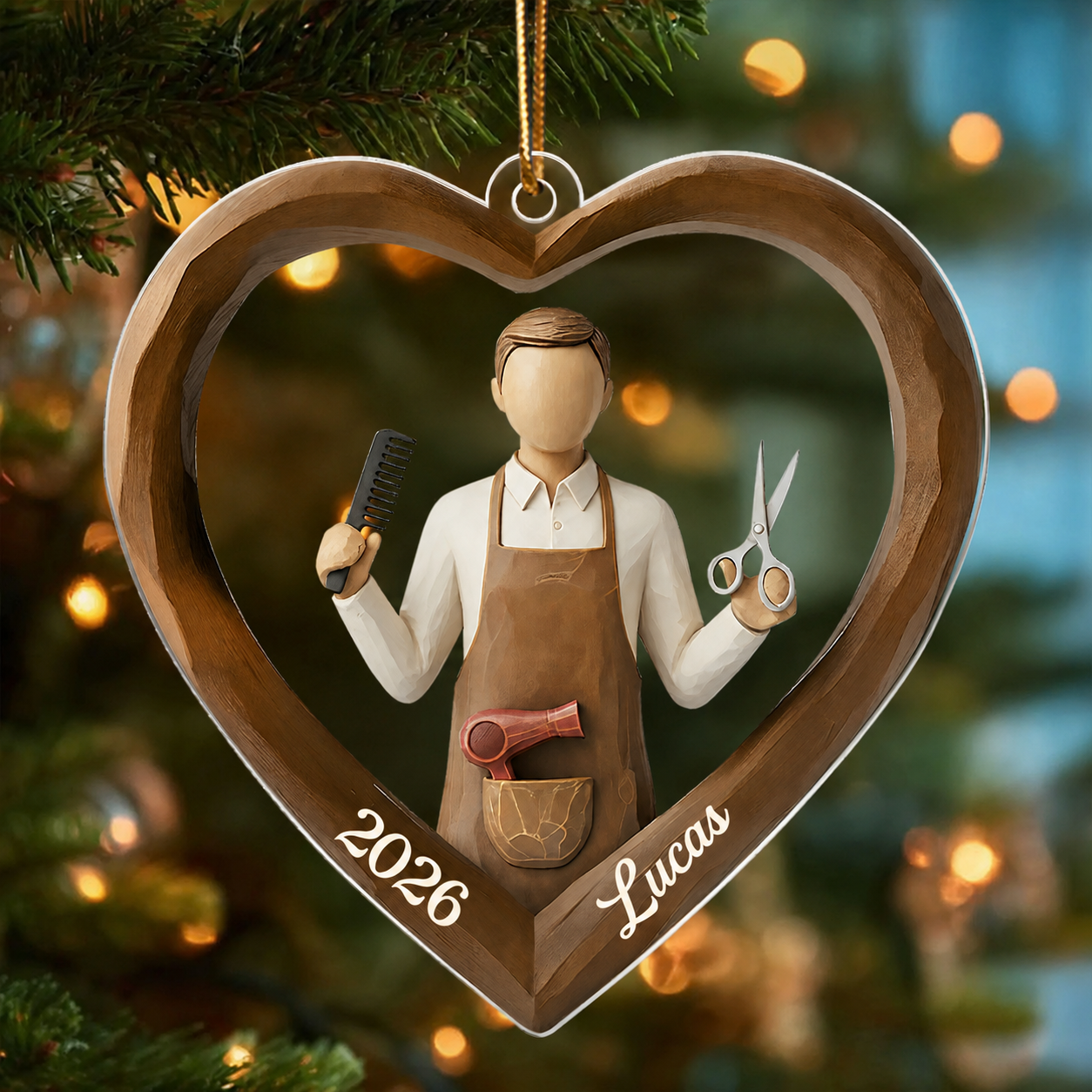 3D Effect Wooden Hairdresser - Personalized Acrylic Ornament - Unique Christmas Gift For Hairdressers