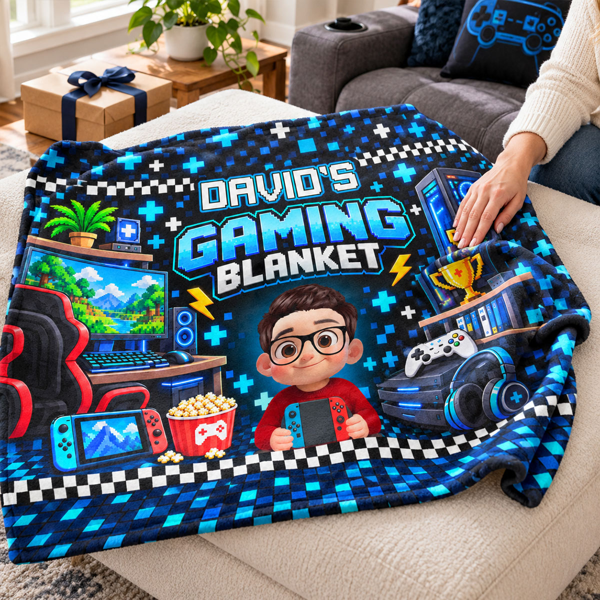 Custom Gamer Name - Personalized Fleece Blanket - Video Game Lover Gift For Son Grandson Teen Boy, Birthday Holiday Gift