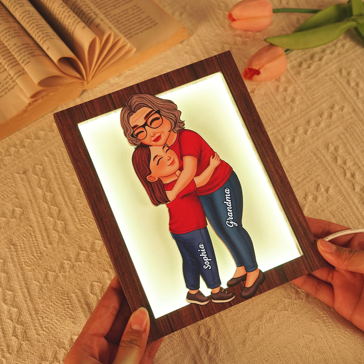 Grandma Grandkid Hugging Personalized 2-Layered Wooden Plaque With LED, Gift for Grandma, Mother's Day