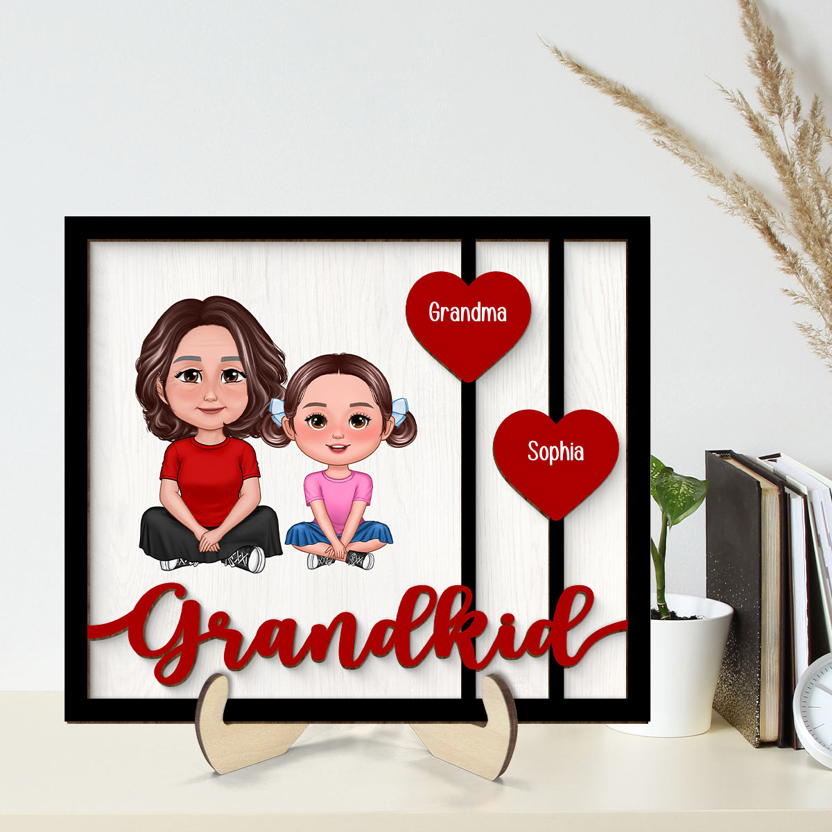 Grandma Grandkids Crossed Legs Red Hearts Personalized 2-layer Wooden Plaque