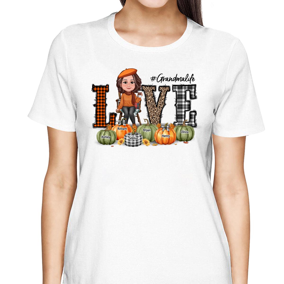 LOVE Grandma Life Fall Season Pumpkin Names Personalized Shirt