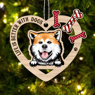 Peeking Dog Inside Heart Personalized Christmas Wooden Ornament