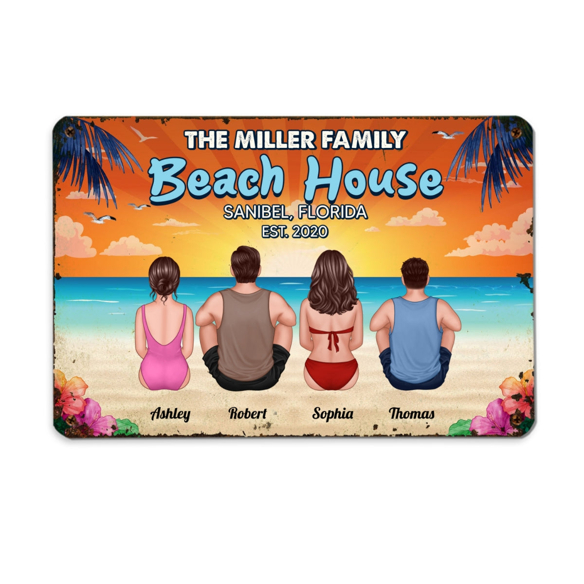 Summer Beach House Back View Family Couple Kid Dog Cat Personalized Metal Sign