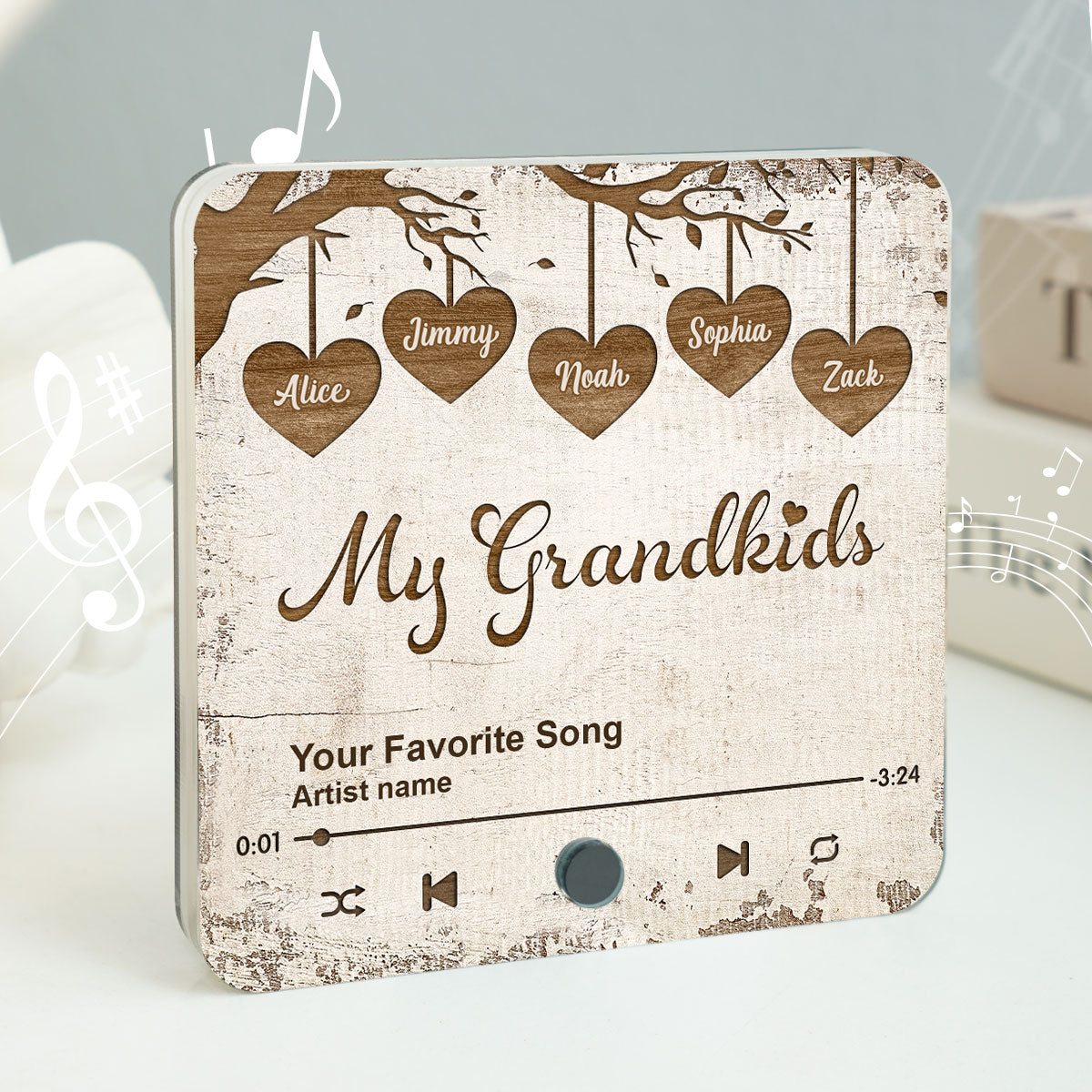 Grandkids Make Life More Grand Hanging Hearts Personalized Music Fridge Magnet, Gift for Grandma