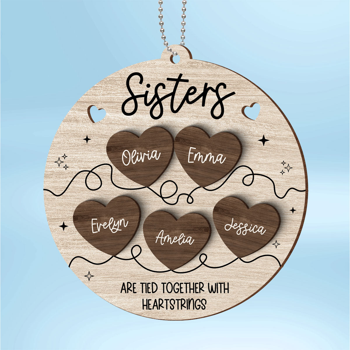 Besties Sisters Are Tied Together With Heart Strings Christmas Personalized 2-Layer Wooden Ornament