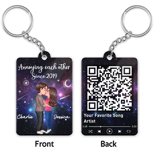 Doll Couple Kissing In Galaxy Night Favorite Song Scannable QR Code Personalized Acrylic Keychain
