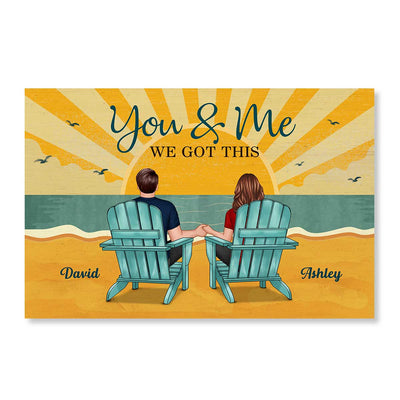 Back View Couple Sitting Beach Landscape Retro Yellow Personalized Horizontal Poster