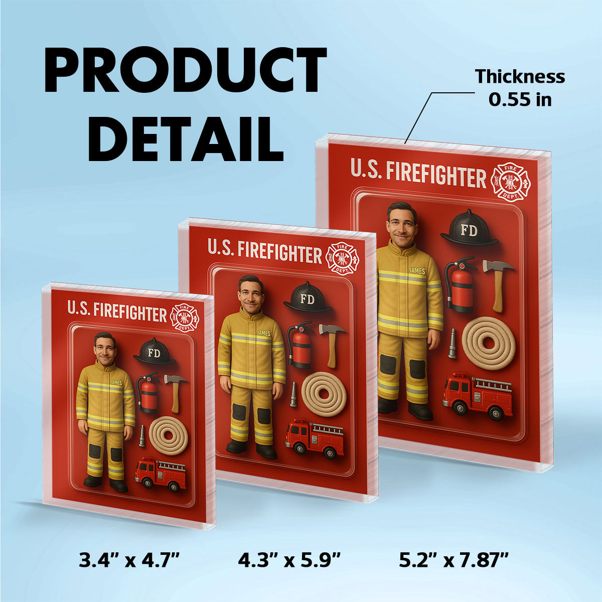 3D Effect Firefighter Custom Figure Personalized Flat Rectangle Acrylic Block| Unique Father's Day Gift For Firefighters, Dad, Husband