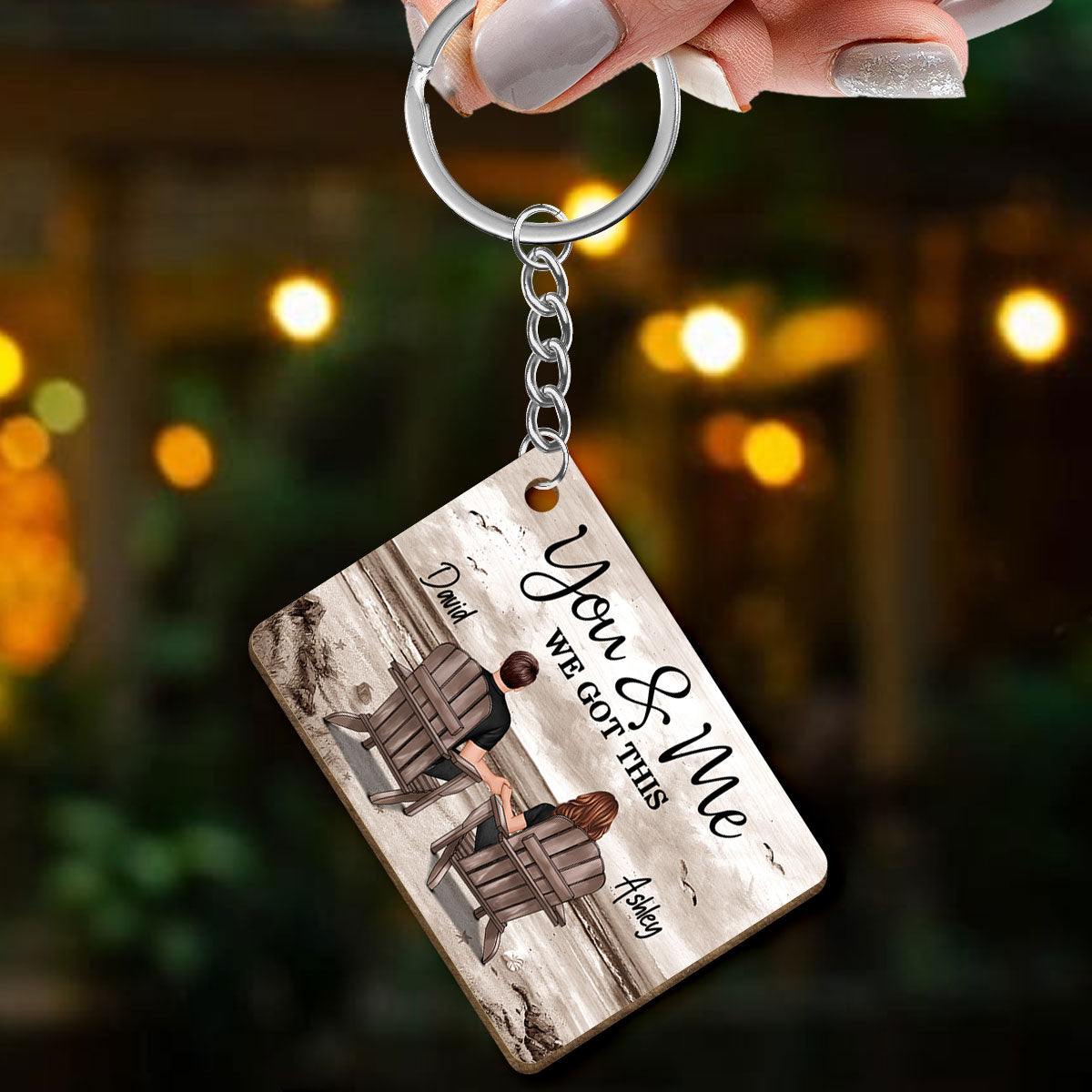 Retro Vintage Back View Couple Sitting Beach Landscape Personalized Wooden Keychain