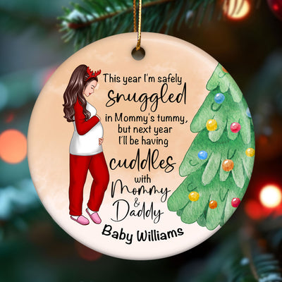 Bump Christmas, Pregnant Ornament, Snuggled in Mommy's Tummy, Personalized Circle Ceramic Ormament