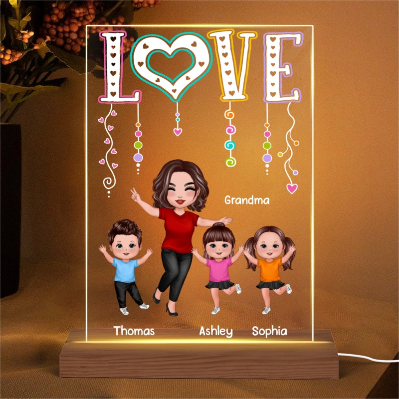 LOVE Happy Doll Grandma Mom With Kids - Personalized Acrylic Block Plaque LED Night Light