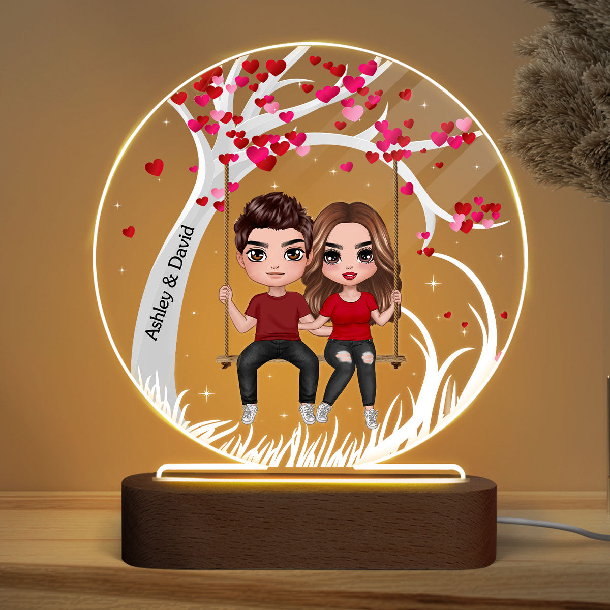 Couple Sitting On Swing Personalized Acrylic Circle LED Lamp Night Light