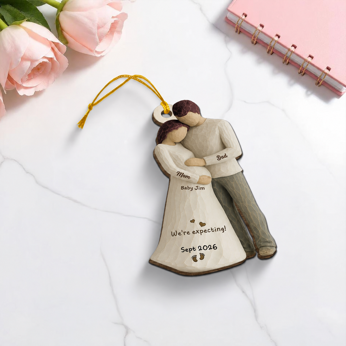 2D Flat Waiting For You With All Our Hearts Couple Expecting Baby - Personalized Wooden Ornament, Baby Shower Gift For Parents-to-be