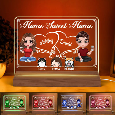 Doll Couple Dad Mom Kids Dogs Cats Sitting Home Sweet Home Personalized Custom Shape Acrylic Plaque LED Night Light
