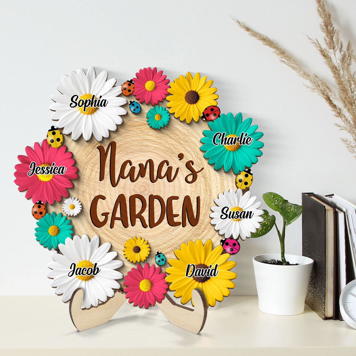 Grandma Mom Garden Flowers Personalized 2-Layer Wooden Plaque
