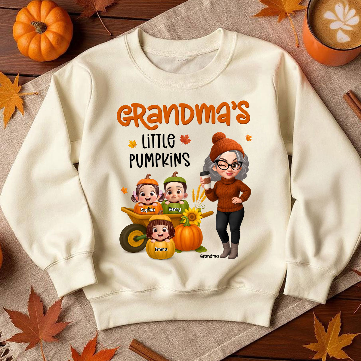 Grandma's Litttle Pumpkins Pretty Grandma And Kids Personalized Shirt, Fall Season gift