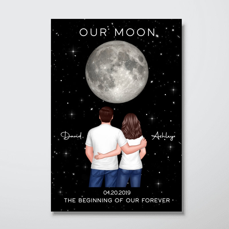 Couple Hugging Standing Moon Moon Phase Art Personalized Poster, Anniversary gift for him, for her