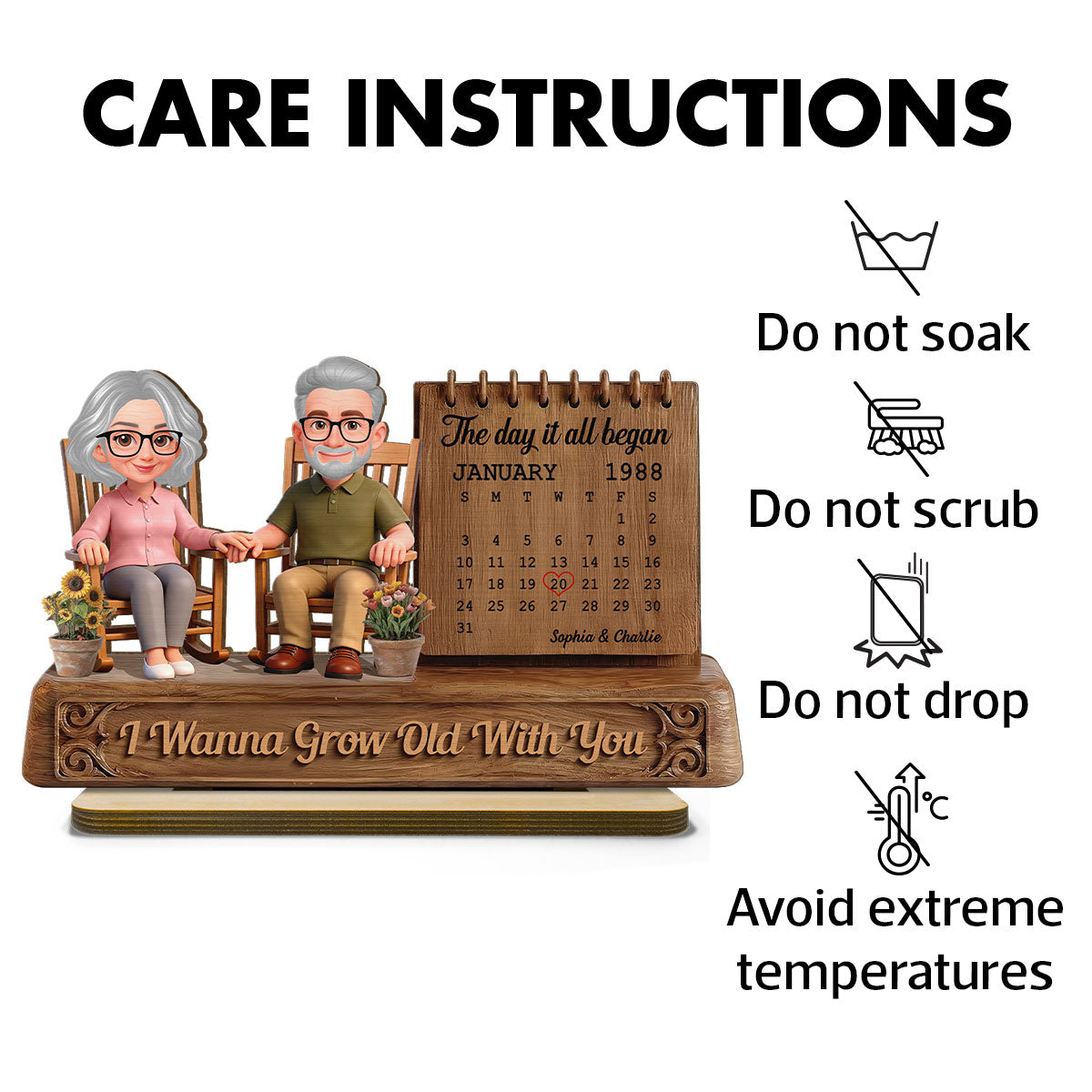 3D Effect Old Couple Sitting On Rocking Chair Anniversary Date Calendar - Personalized 2-Layered Wooden Plaque
