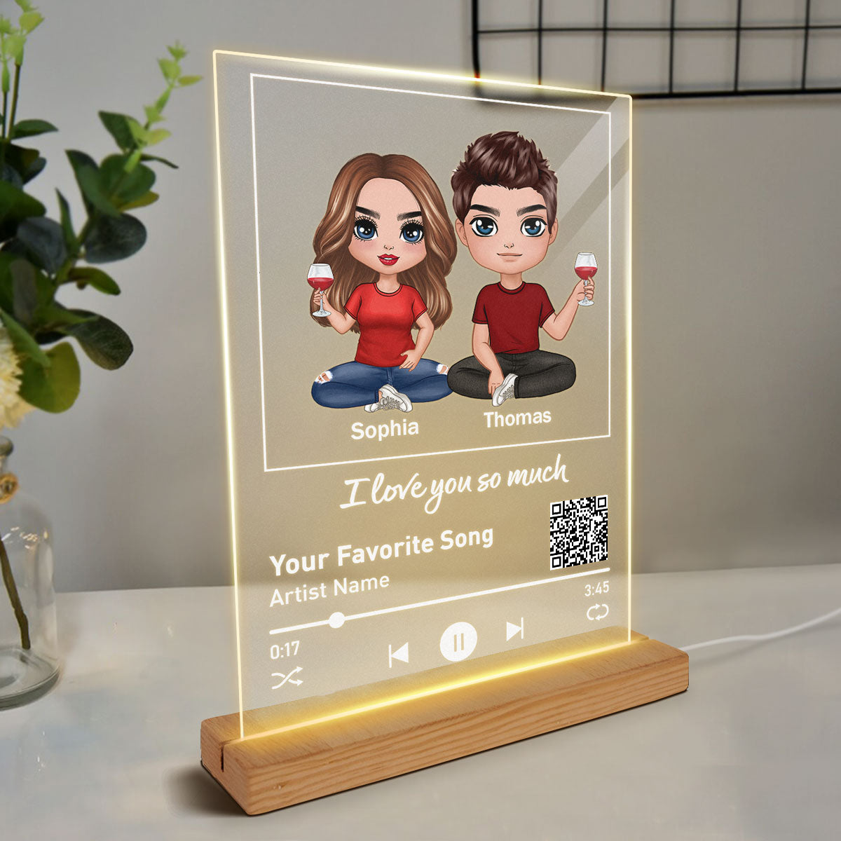 Doll Couple Sitting Favorite Love Song Scannable QR Code Personalized Rectangle Acrylic Plaque With LED Lamp Night Light