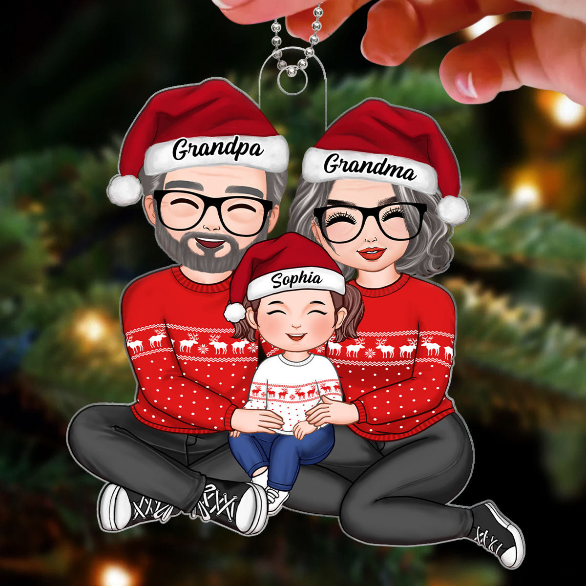 Doll Grandma Grandpa Sitting Hugging Granddaughter Grandson Personalized Acrylic Ornament