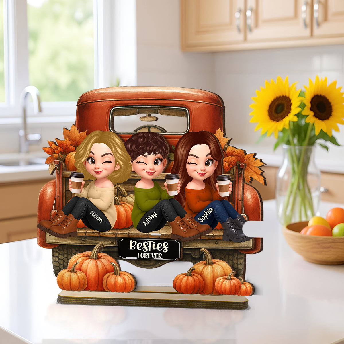 Besties Sitting on Fall Truck Personalized Standing Wooden Plaque, Cozy Fall Decor, Fall Gift for Best Friends