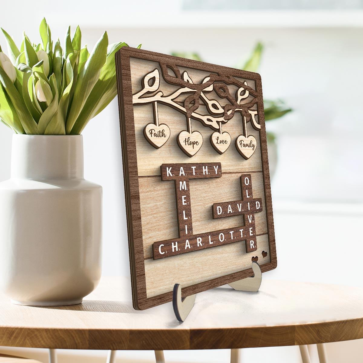 Personalized Wooden Family Tree Sign, Crossword Art Puzzle 2-Layered Wooden Plaque