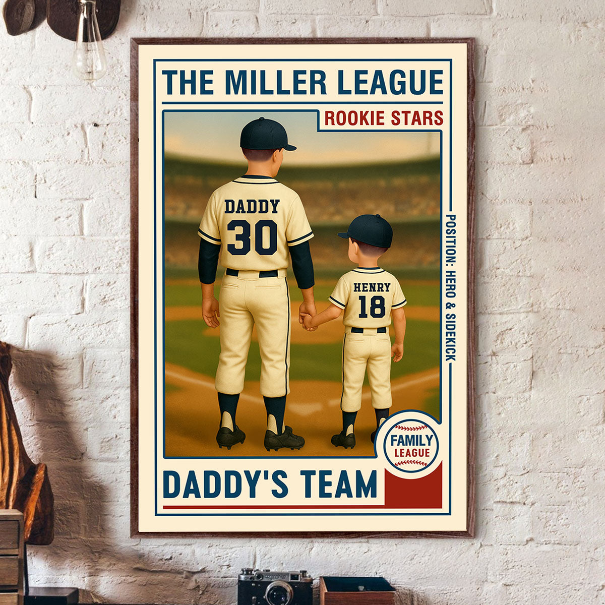 Family League Daddy's Team No. 1 Dad Man & Kids Baseball Retro Personalized Poster, Father's Day Gift for Dad, Gift for Husband