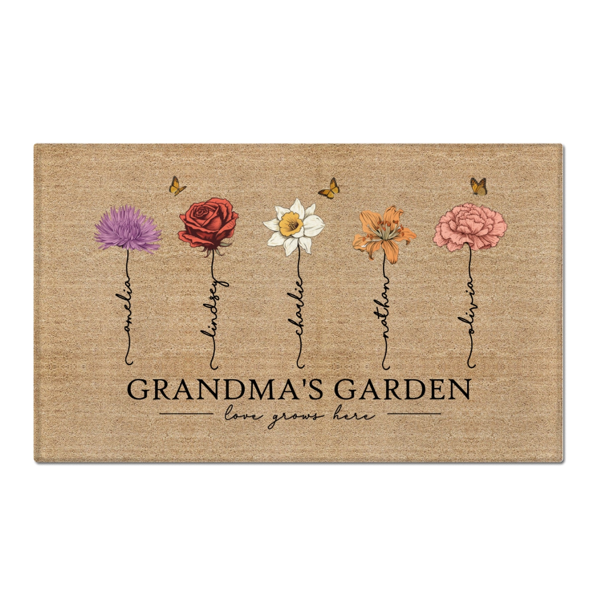 Grandma‘s Garden Love Grows Here Vintage Birth Flower Swirl Name - Personalized Doormat - Gift For Her, Grandma, Mom