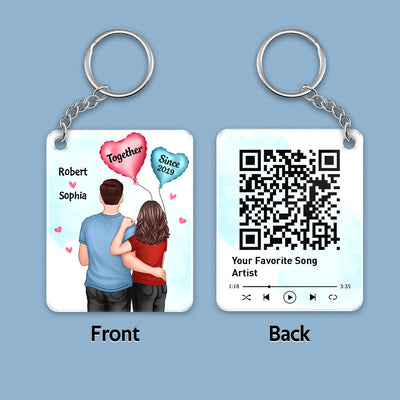 Couple Back View Balloons Favorite Song Scannable QR Code Couple Gift Personalized Acrylic Keychain