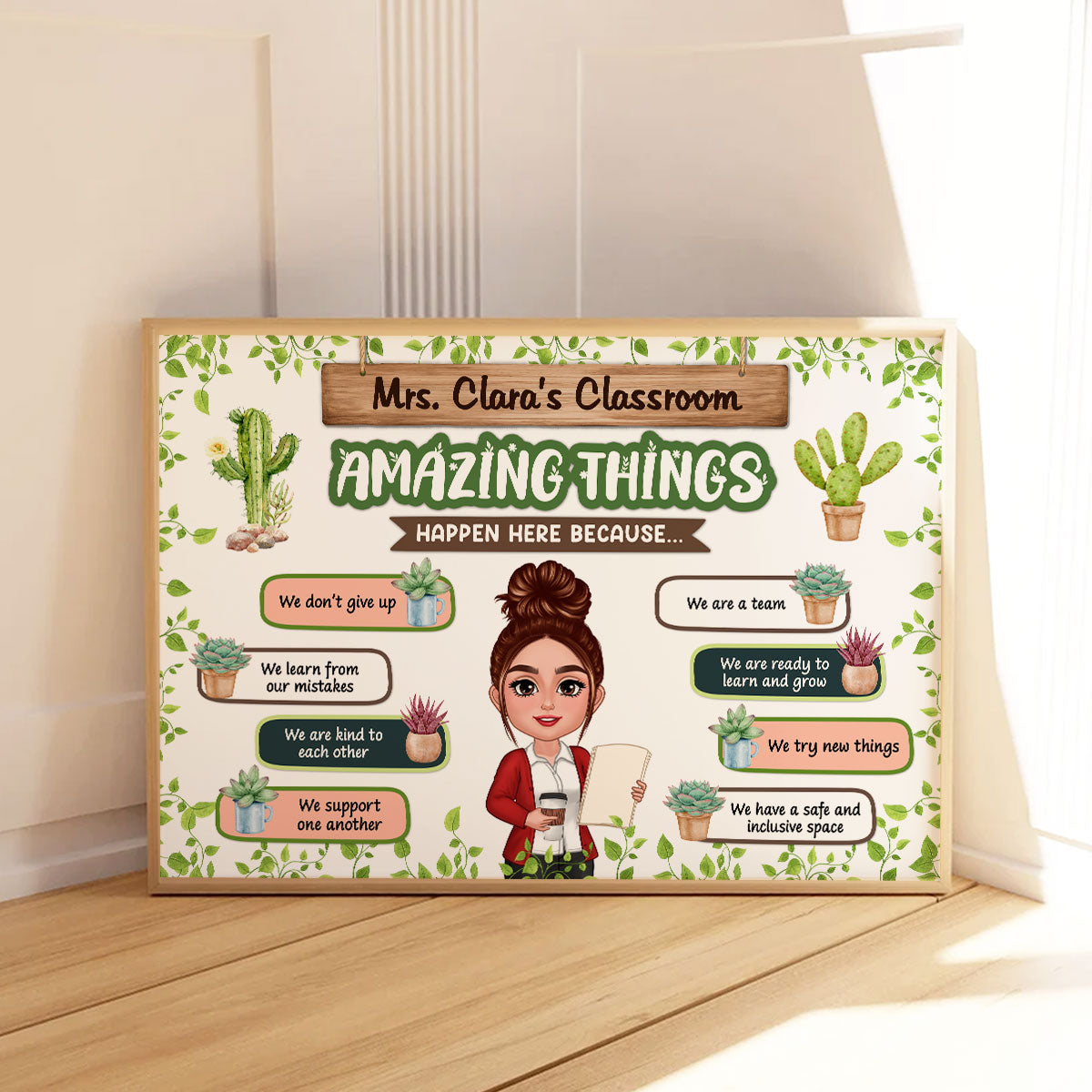 Greenery Boho Plants Amazing Things Happen Here Teacher Personalized Poster, Classroom Decoration