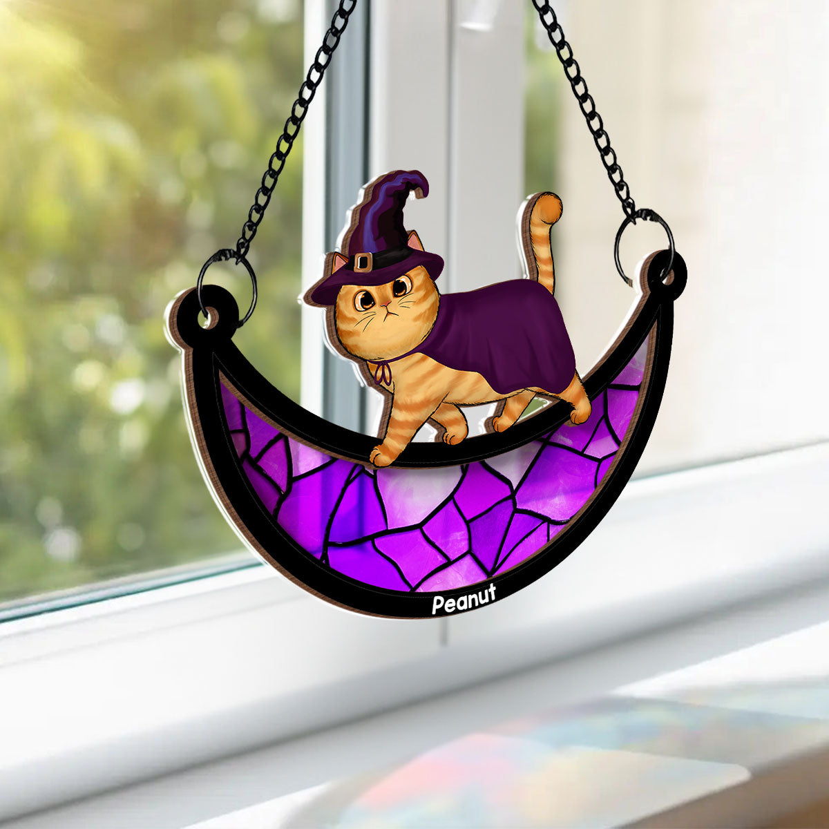 Halloween Cat Walking On Moon Personalized Suncatcher, Halloween Decoration