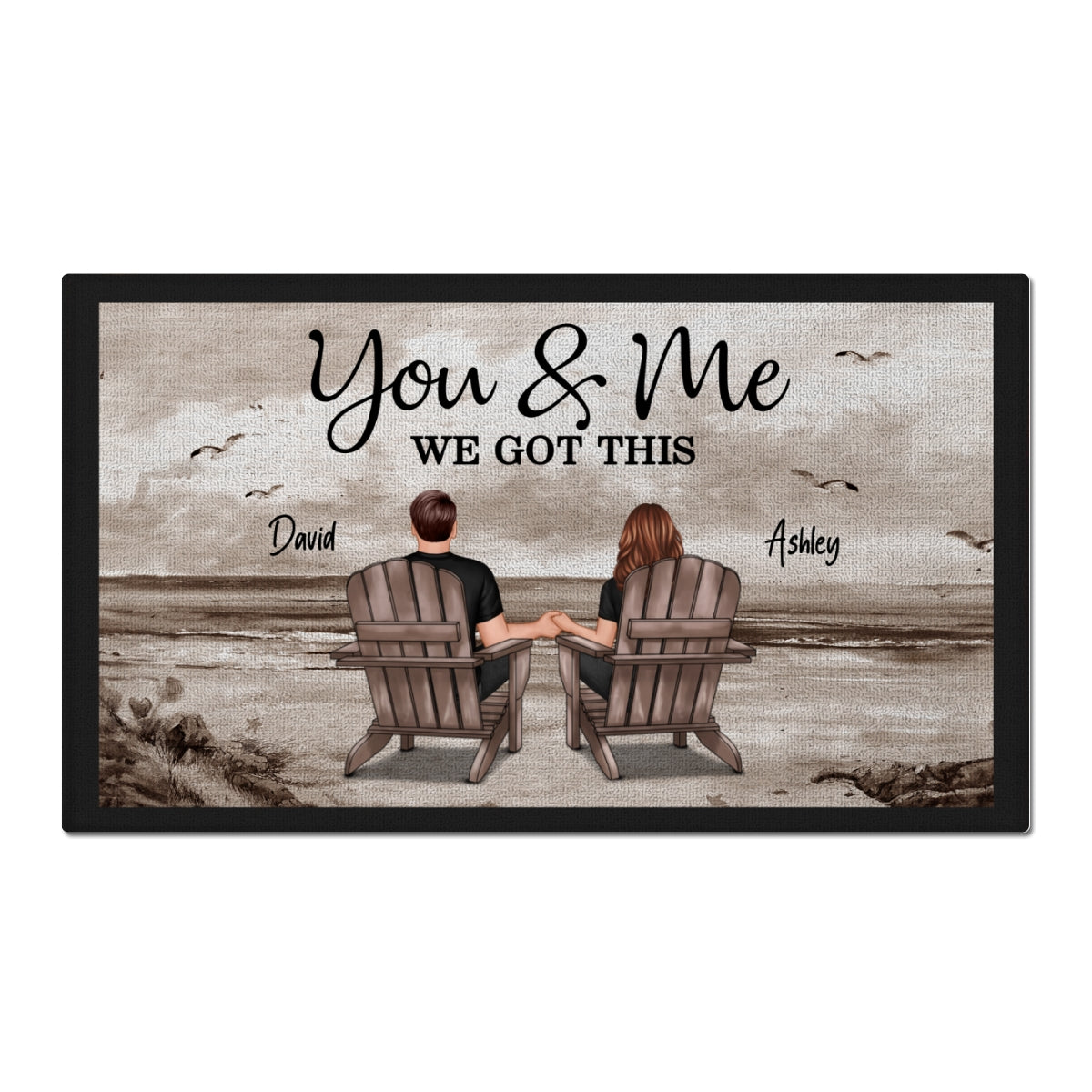 Retro Vintage Back View Couple Sitting Beach Landscape Personalized Doormat