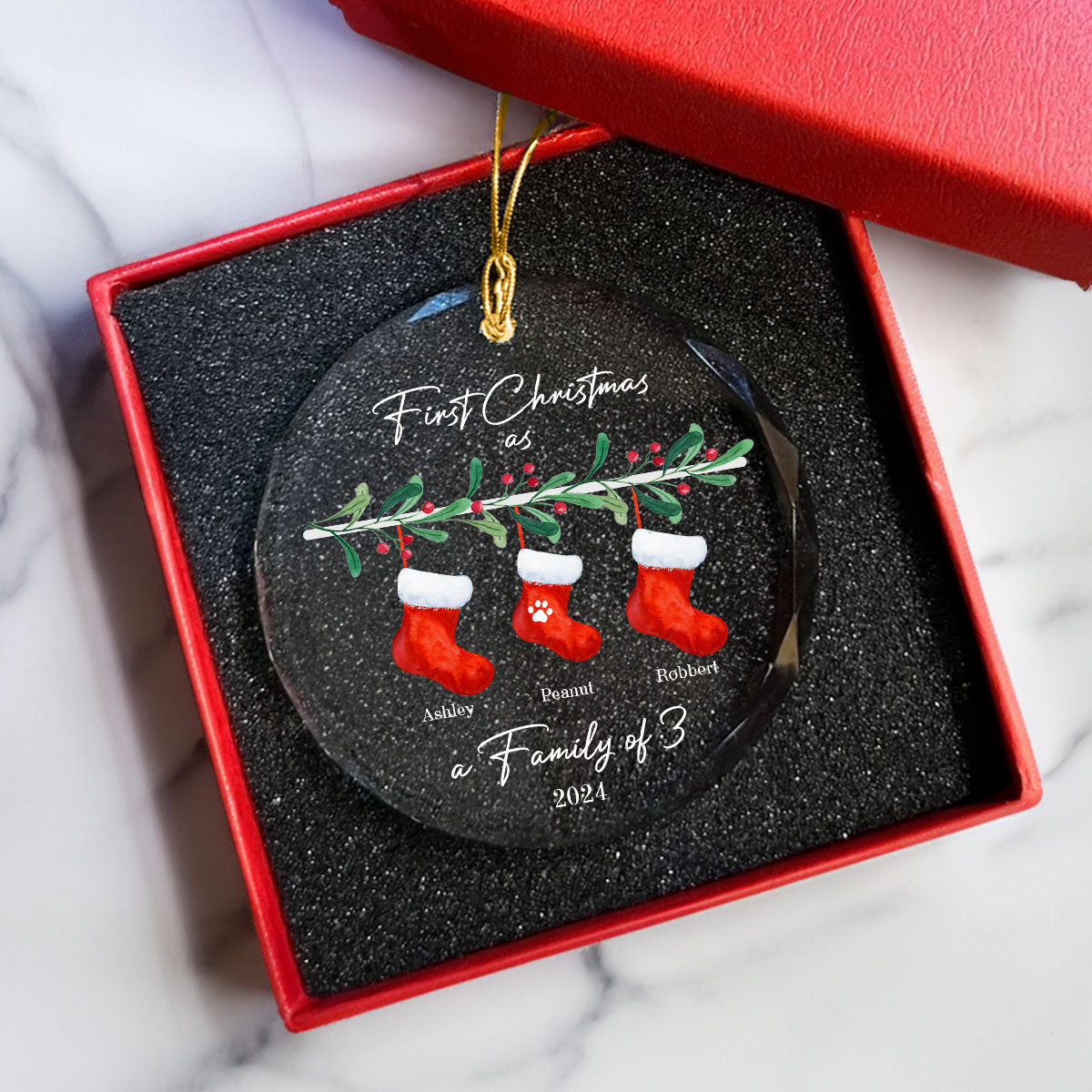 First Christmas As Family Of 3 Personalized Glass Ornament, Baby New Born, Christmas Gift For New Mom, New Dad