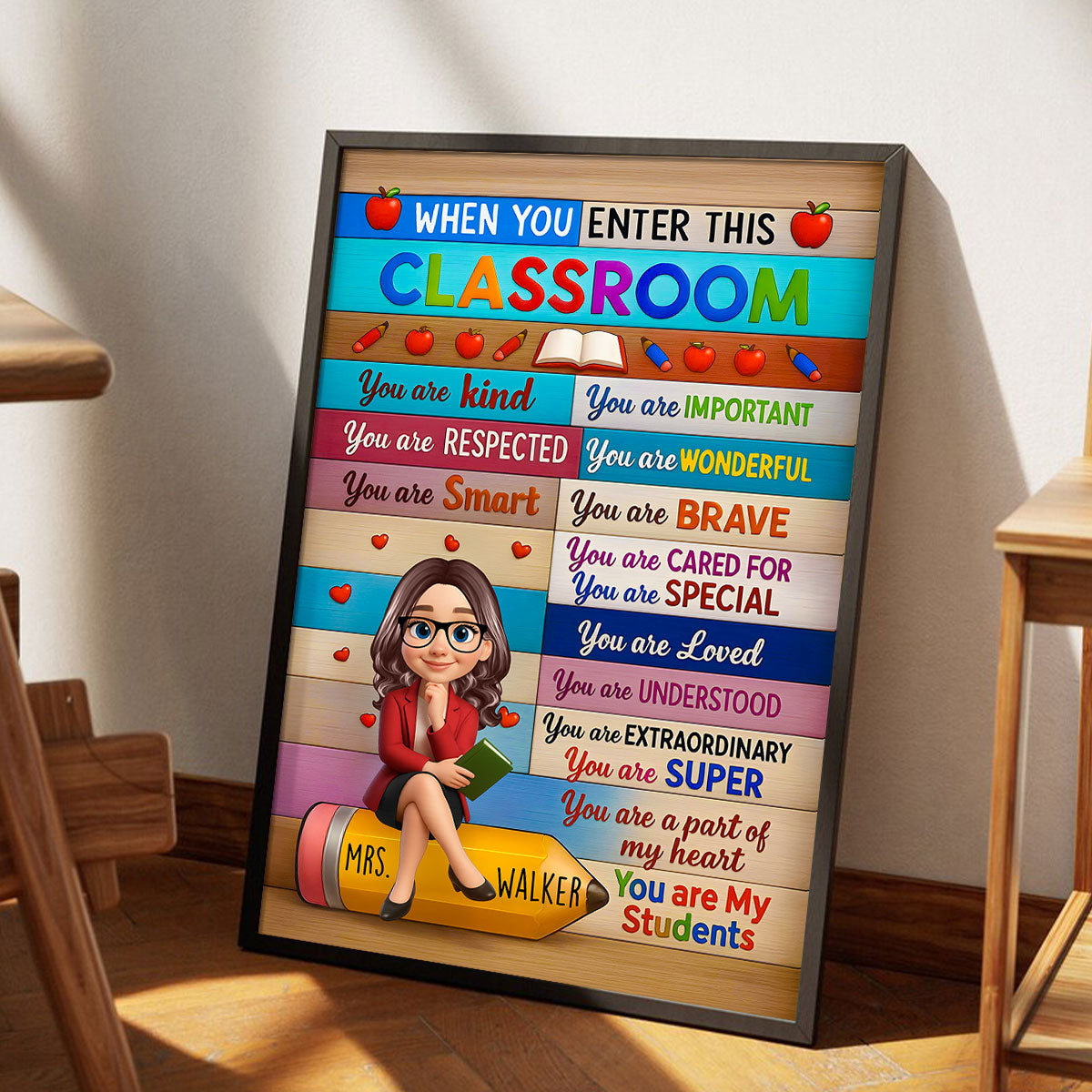 3D Cartoon Teacher Sitting On Pencil Personalized Poster, Classroom Decoration, Back To School Gift For Teacher