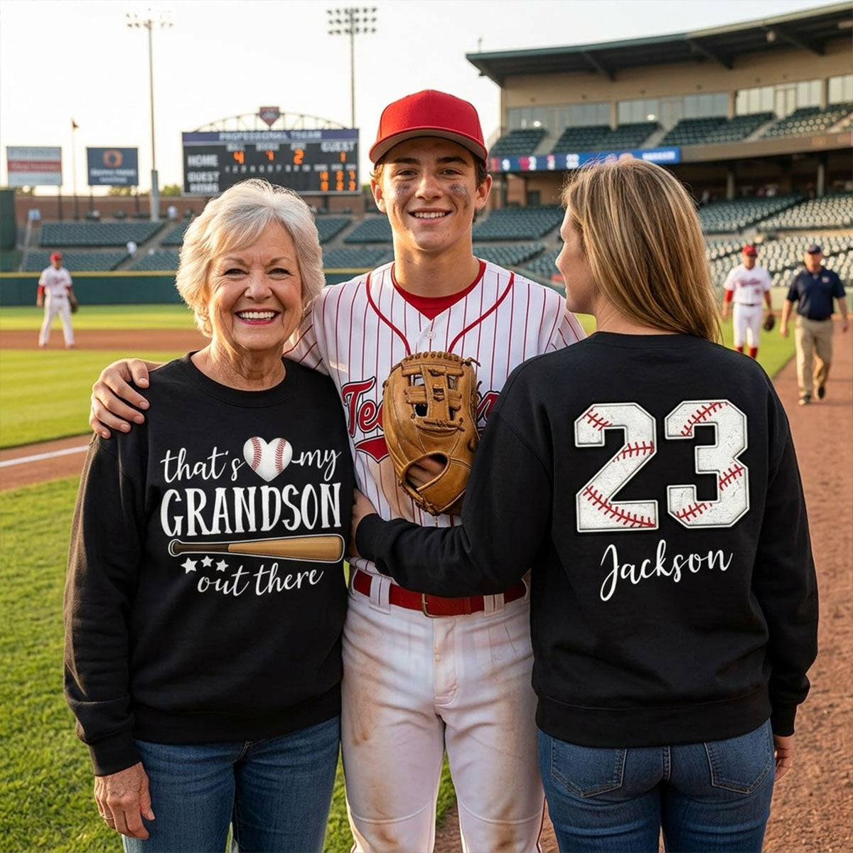 That's My Grandson Out There - Personalized Double Sided Sweatshirt - Baseball Softball Grandma Mom