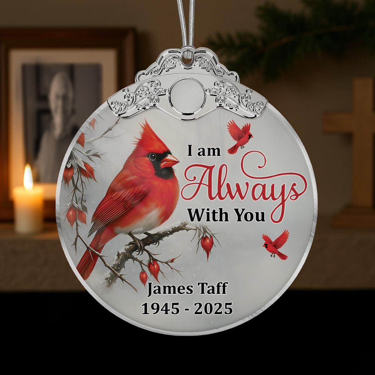 Winter Cardinal Always With You Christmas Memorial - Personalized Glass Ornament With Silver Cap