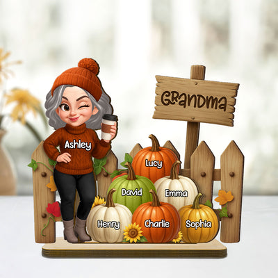 Grandma Fall Season Standing At Fence Pumpkins Personalized Standing Wooden Plaque