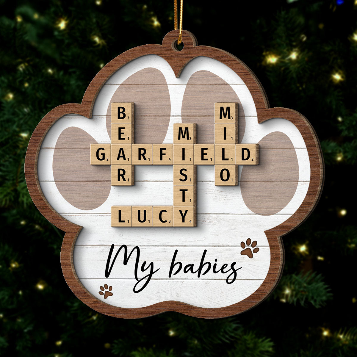 Pet Names Crossword Puzzle Art Personalized Paw Shaped 2-Layer Wooden Ornament [Can add up to 20 pet names]