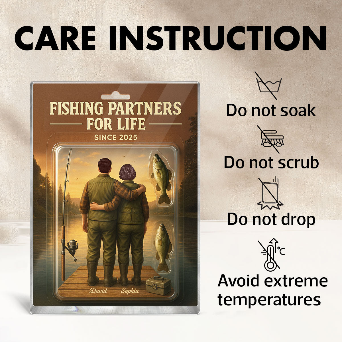 3D Effect Custom Figure Couple Together Fishing Partners For Life Personalized Rectangle Acrylic Block Plaque