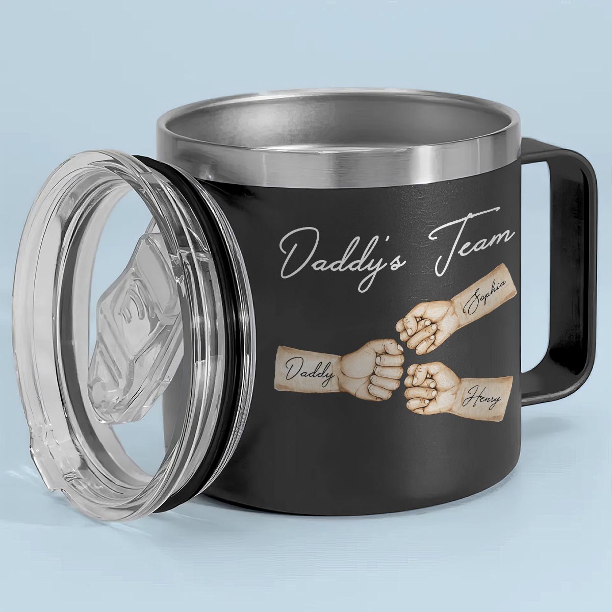 Daddy's Team Fist Bump Personalized Stainless Steel Tumbler With Handle, Unique 2025 Father's Day Gift For Dad