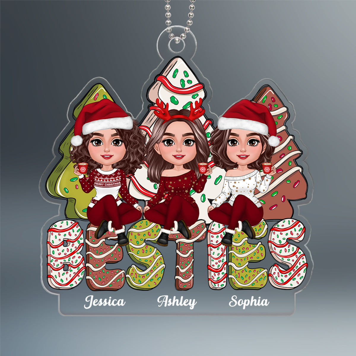 Besties Sitting On Christmas Tree Cake Personalized Acrylic Ornament