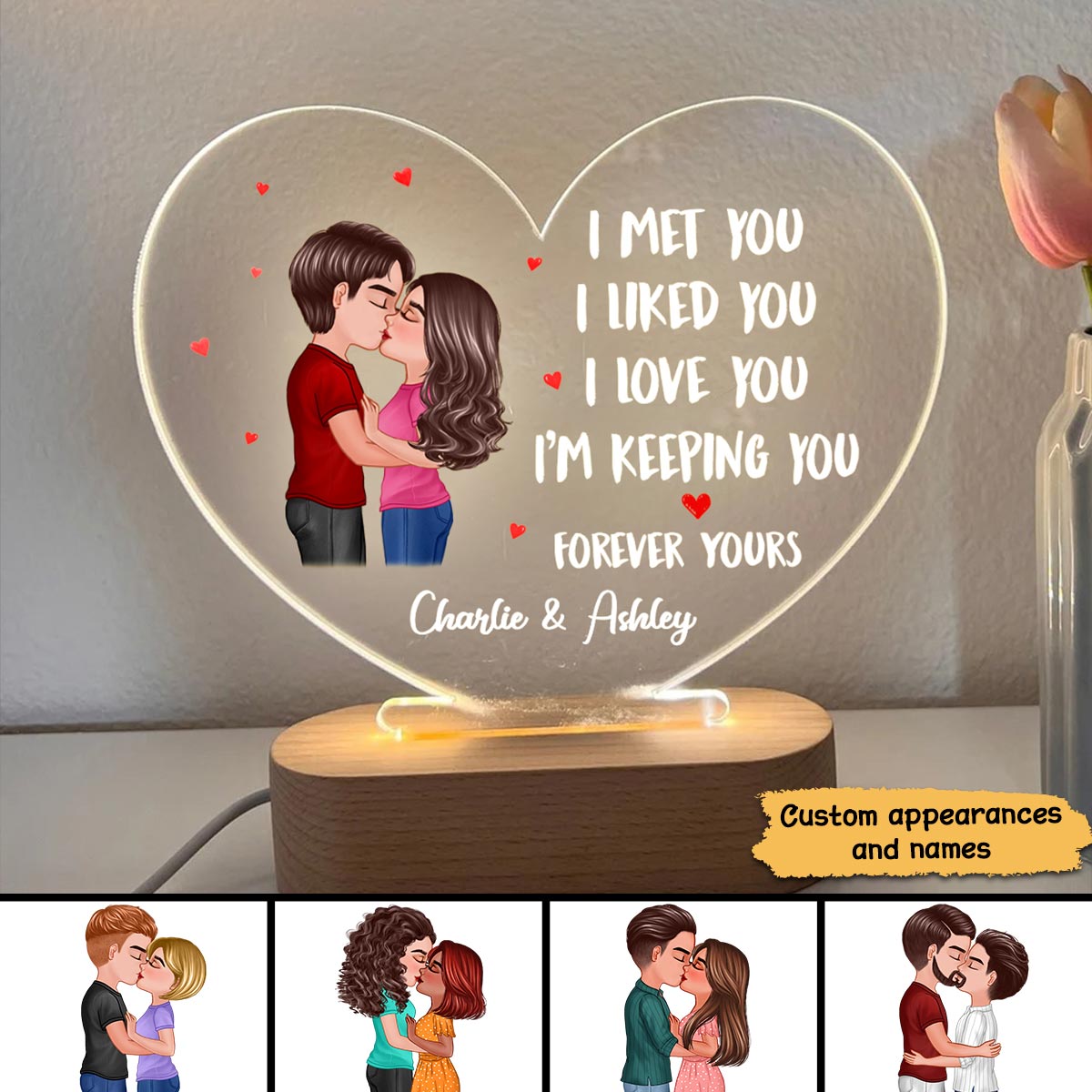 I Met You Doll Couple Kissing  Anniversary Gift For Him For Her Personalized Acrylic Heart Plaque LED Lamp Night Light
